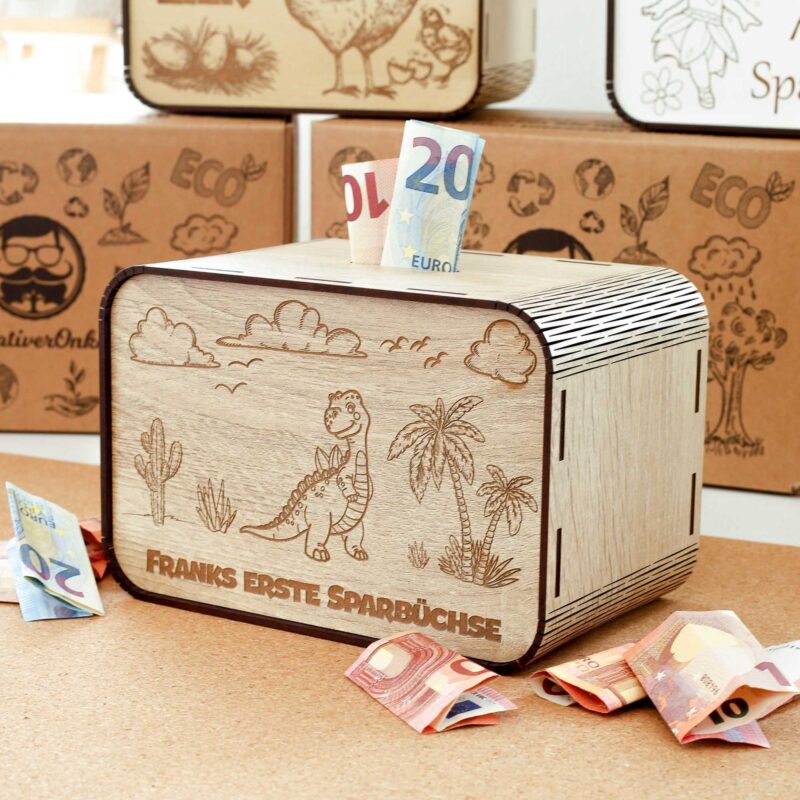 Kinderspardosen aus holz mit Namen - Dinosaurier P03-09 KreativerOnkel.de