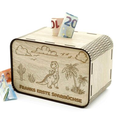 Kinderspardosen aus holz mit Namen - Dinosaurier P03-09 KreativerOnkel.de