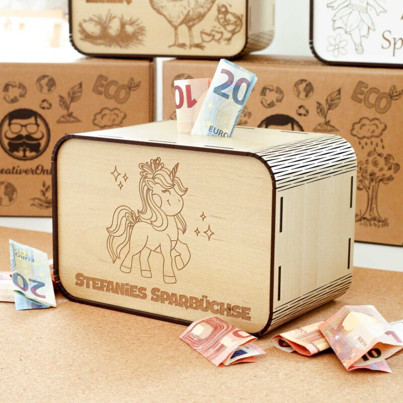 Kinderspardosen aus holz mit Namen - Einhorn P03-08 KreativerOnkel.de