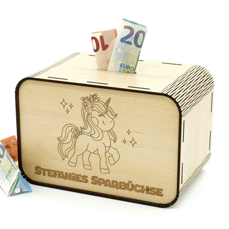 Kinderspardosen aus holz mit Namen - Einhorn P03-08 KreativerOnkel.de
