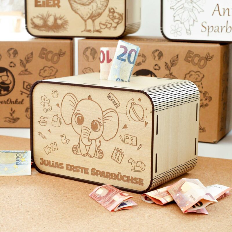 Kinderspardosen aus holz mit Namen - Elefant P03-03 KreativerOnkel.de