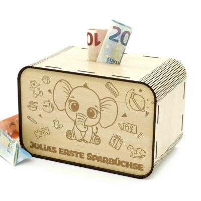 Kinderspardosen aus holz mit Namen - Elefant P03-03 KreativerOnkel.de
