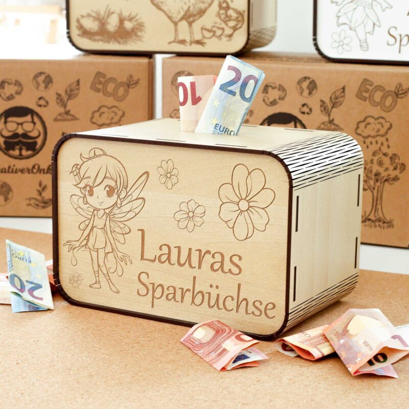 Kinderspardosen aus holz mit Namen - Fee P03-31 KreativerOnkel.de