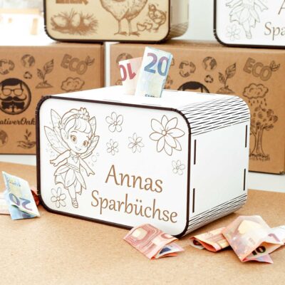 Kinderspardosen aus holz mit Namen - Fee mit Blumen P03-32 KreativerOnkel.de
