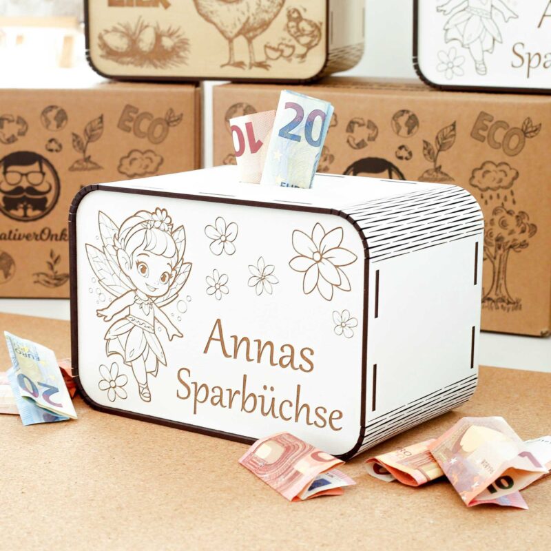 Kinderspardosen aus holz mit Namen - Fee mit Blumen P03-32 KreativerOnkel.de