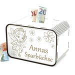 Kinderspardosen aus holz mit Namen - Fee mit Blumen P03-32 KreativerOnkel.de