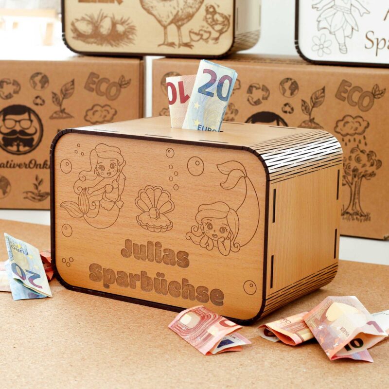 Kinderspardosen aus holz mit Namen - Meerjungfrau P03-16 KreativerOnkel.de