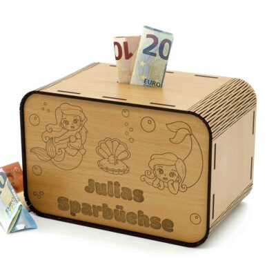 Kinderspardosen aus holz mit Namen - Meerjungfrau P03-16 KreativerOnkel.de