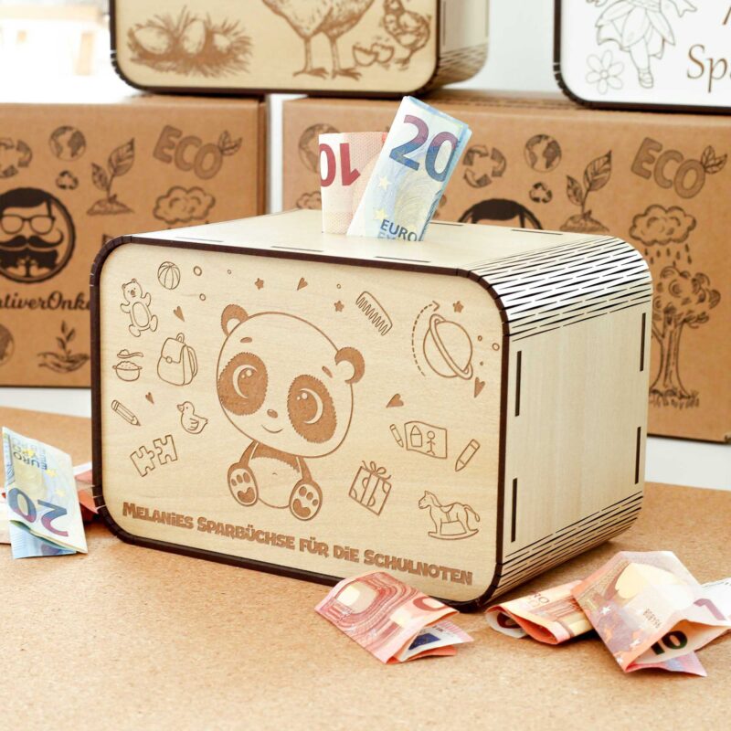 Kinderspardosen aus holz mit Namen - Panda P03-01 KreativerOnkel.de