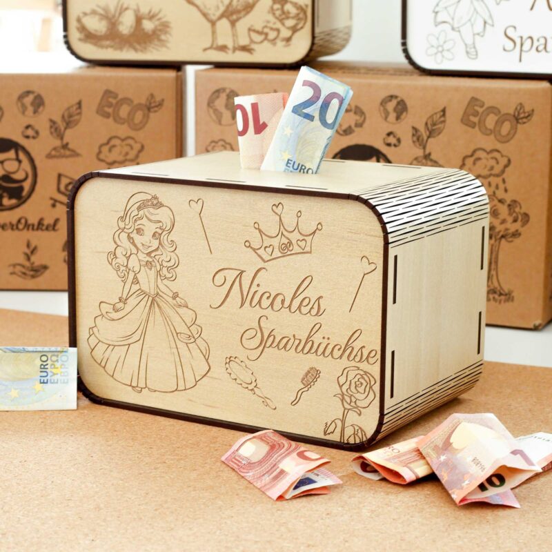 Kinderspardosen aus holz mit Namen - Prinzessin P03-27 KreativerOnkel.de