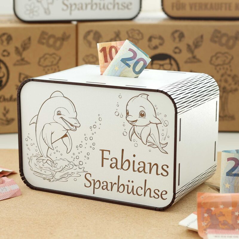 Kinderspardose aus Holz mit Namen - Delfin P03-34 KreativerOnkel.de