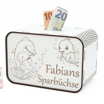 Kinderspardose aus Holz mit Namen - Delfin P03-34 KreativerOnkel.de