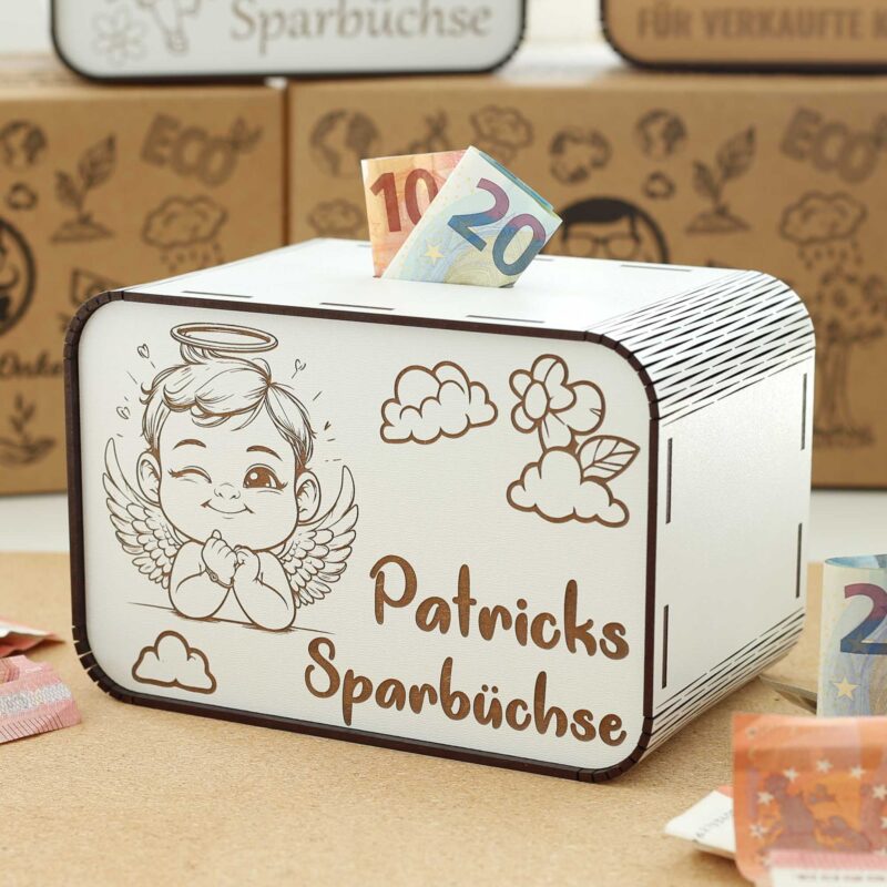 Kinderspardose aus Holz mit Namen - Engel P03-36-1 KreativerOnkel.de