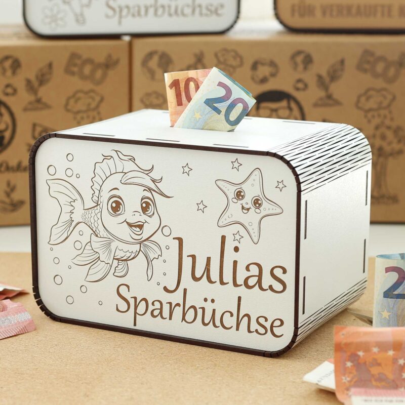 Kinderspardose aus Holz mit Namen - Fisch und Seestern P03-33 KreativerOnkel.de