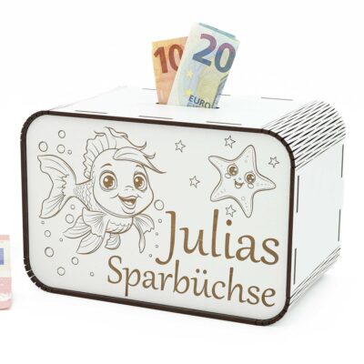 Kinderspardose aus Holz mit Namen - Fisch und Seestern P03-33 KreativerOnkel.de