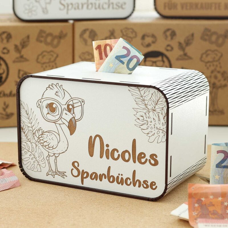 Kinderspardose aus Holz mit Namen - Flamingo P03-37 KreativerOnkel.de