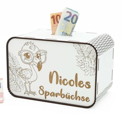 Kinderspardose aus Holz mit Namen - Flamingo P03-37 KreativerOnkel.de