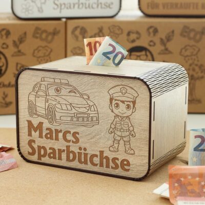 Kinderspardose aus Holz mit Namen - Polizist P03-25 KreativerOnkel.de