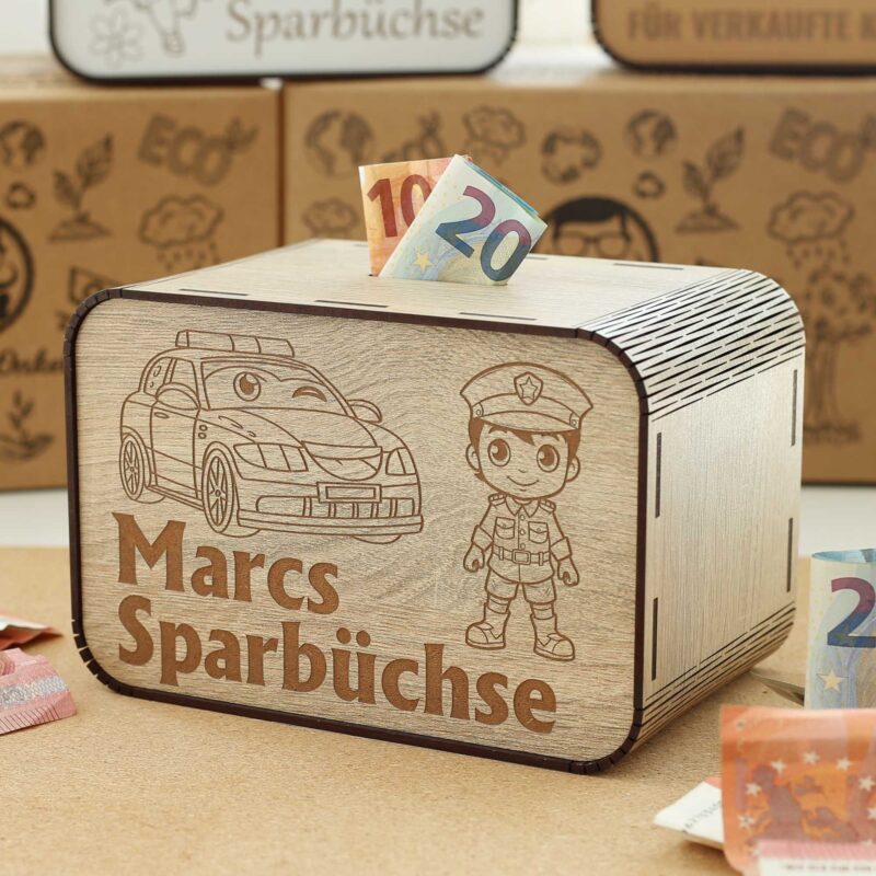 Kinderspardose aus Holz mit Namen - Polizist P03-25 KreativerOnkel.de