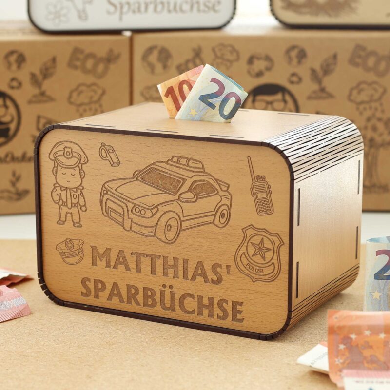 Kinderspardose aus Holz mit Namen - Polizist und Polizeiauto P03-15 KreativerOnkel.de
