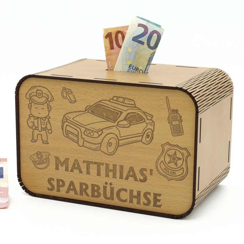Kinderspardose aus Holz mit Namen - Polizist und Polizeiauto P03-15 KreativerOnkel.de