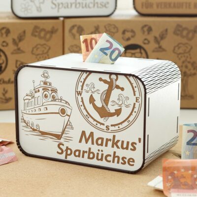Kinderspardose aus Holz mit Namen - Schiff P03-35 KreativerOnkel.de