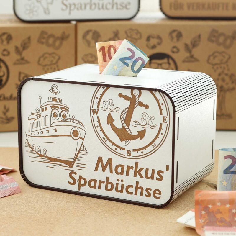 Kinderspardose aus Holz mit Namen - Schiff P03-35 KreativerOnkel.de