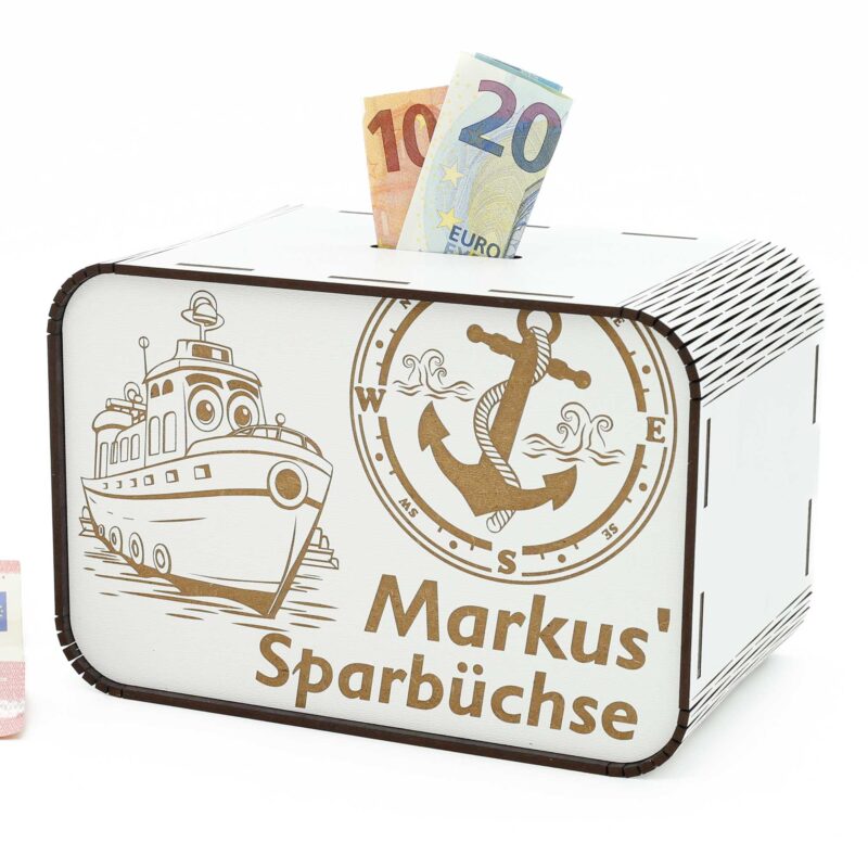 Kinderspardose aus Holz mit Namen - Schiff P03-35 KreativerOnkel.de
