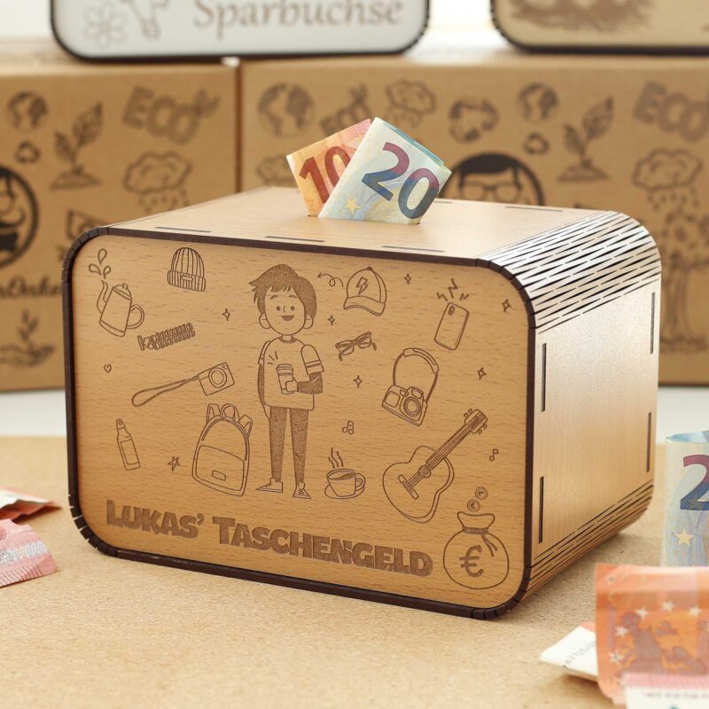 Kinderspardose aus Holz mit Namen - Taschengeld - Junge P03-10 KreativerOnkel.de