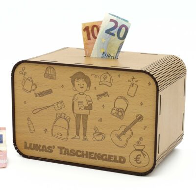 Kinderspardose aus Holz mit Namen - Taschengeld - Junge P03-10 KreativerOnkel.de