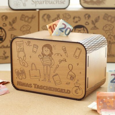 Kinderspardose aus Holz mit Namen - Taschengeld - Mädchen P03-11 KreativerOnkel.de