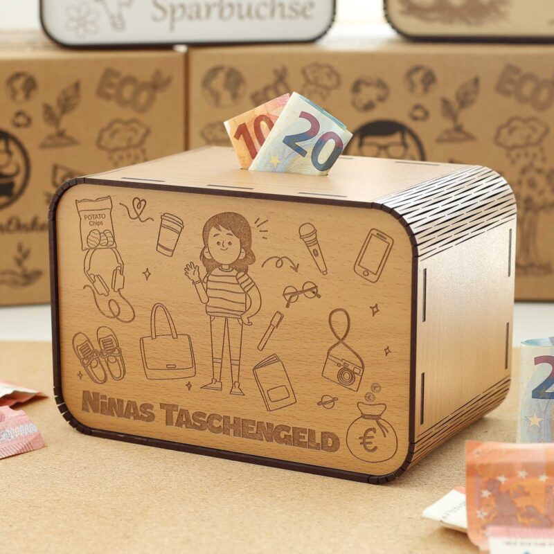 Kinderspardose aus Holz mit Namen - Taschengeld - Mädchen P03-11 KreativerOnkel.de