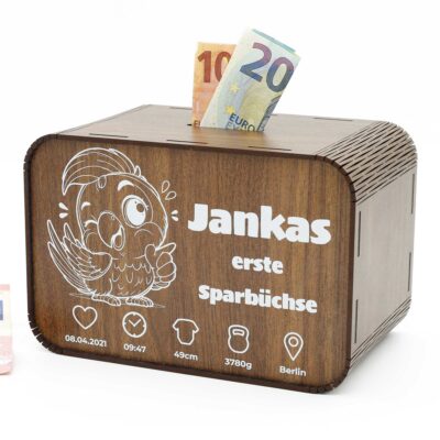 Kinderspardose aus Holz mit Namen und Geburtsdaten - Papagei P03-21 KreativerOnkel.de