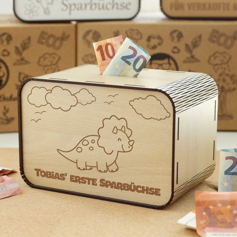 Kinderspardosen aus Holz mit Namen - Dinosaurier Triceratops P03-05 KreativerOnkel.de
