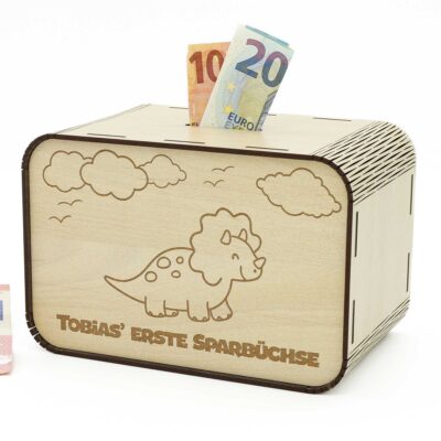Kinderspardosen aus Holz mit Namen - Dinosaurier Triceratops P03-05 KreativerOnkel.de