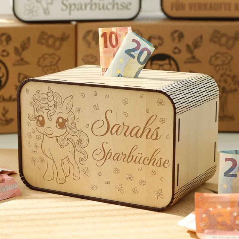 Kinderspardosen aus Holz mit Namen - Einhorn und Blumen P03-30 KreativerOnkel.de