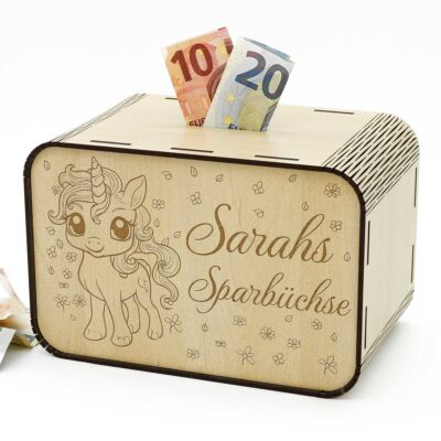 Kinderspardosen aus Holz mit Namen - Einhorn und Blumen P03-30 KreativerOnkel.de
