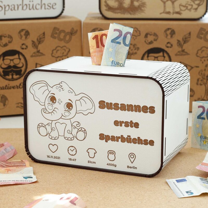 Kinderspardosen aus Holz mit Namen - Elefant P03-23 KreativerOnkel.de