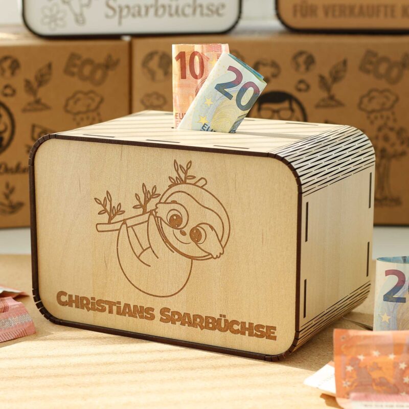 Kinderspardosen aus Holz mit Namen - Faultier P03-06 KreativerOnkel.de
