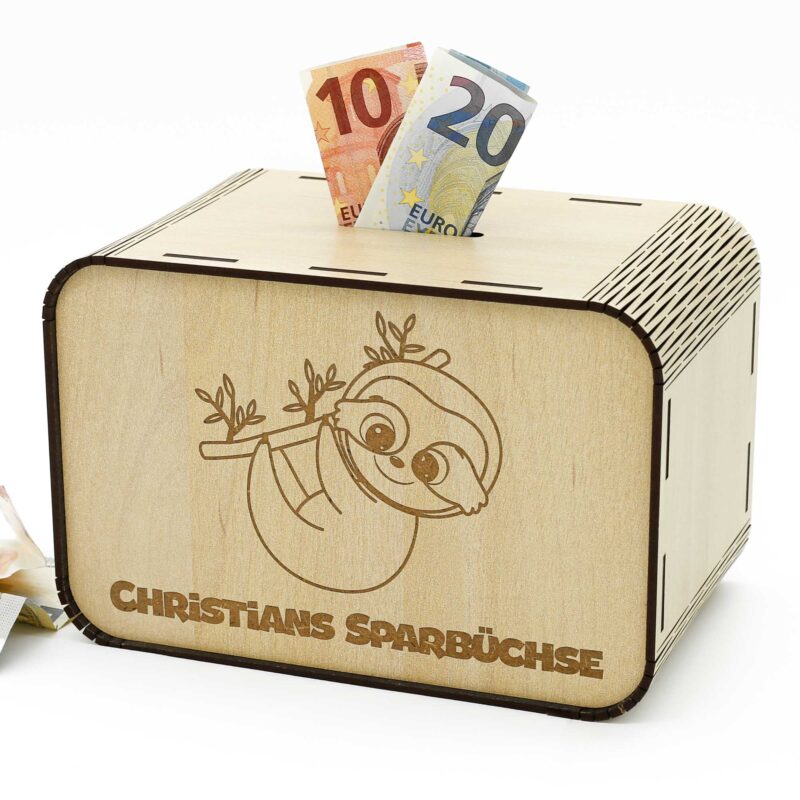 Kinderspardosen aus Holz mit Namen - Faultier P03-06 KreativerOnkel.de