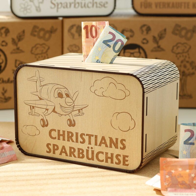 Kinderspardosen aus Holz mit Namen - Flugzeug P03-29 KreativerOnkel.de