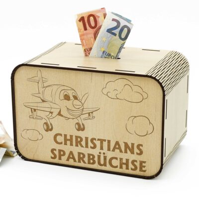 Kinderspardosen aus Holz mit Namen - Flugzeug P03-29 KreativerOnkel.de