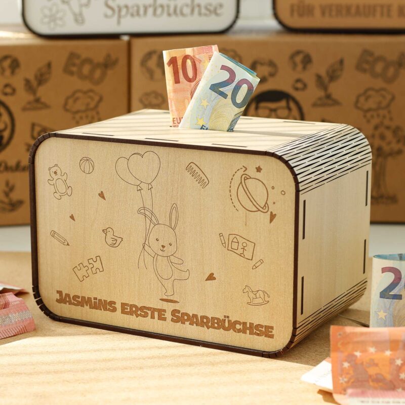 Kinderspardosen aus Holz mit Namen - Hase mit Luftballons P03-04 KreativerOnkel.de