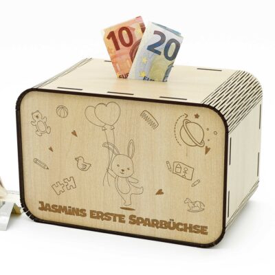 Kinderspardosen aus Holz mit Namen - Hase mit Luftballons P03-04 KreativerOnkel.de