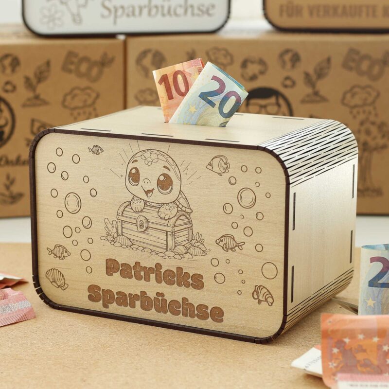 Kinderspardosen aus Holz mit Namen - Schildkröte und Schatztruhe P03-17 KreativerOnkel.de