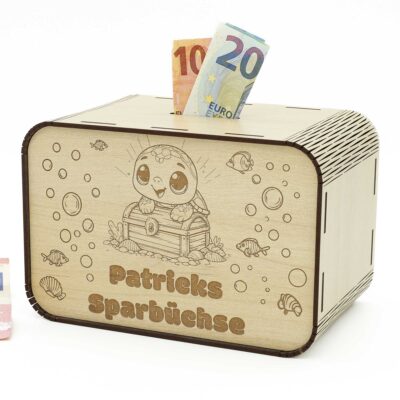 Kinderspardosen aus Holz mit Namen - Schildkröte und Schatztruhe P03-17 KreativerOnkel.de