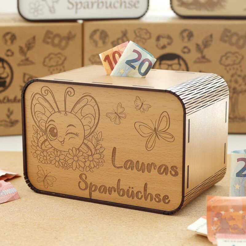 Kinderspardosen aus Holz mit Namen - Schmetterlinge und Blumen P03-38 KreativerOnkel.de