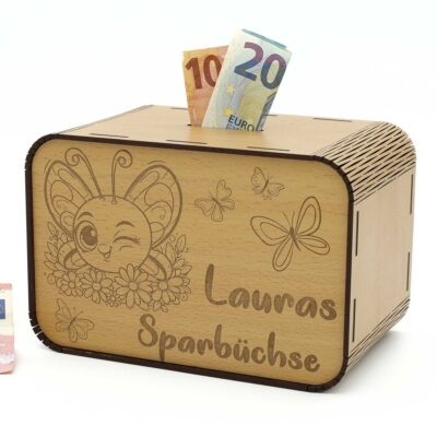Kinderspardosen aus Holz mit Namen - Schmetterlinge und Blumen P03-38 KreativerOnkel.de