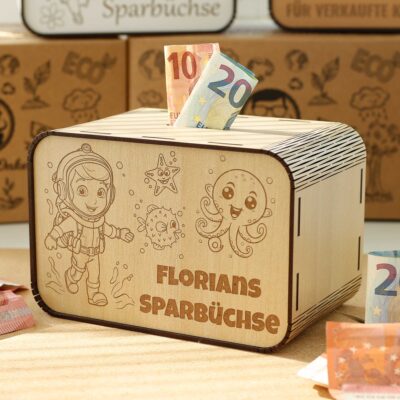 Kinderspardosen aus Holz mit Namen - Taucher P03-28 KreativerOnkel.de