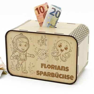 Kinderspardosen aus Holz mit Namen - Taucher P03-28 KreativerOnkel.de